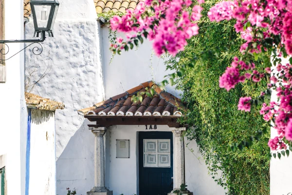 Un grazioso cortile a Obidos presenta un edificio imbiancato con una pensilina in cotto sopra una porta di legno scuro. Un lampione nero è montato sul muro a sinistra. Fiori di bouganville rosa vibranti cadono a cascata da destra, aggiungendo un tocco di colore a questa scena che vale la pena vedere senza fretta.