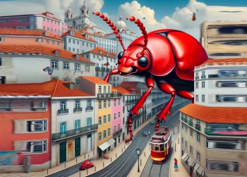 Una scena surreale di un gigantesco scarafaggi che svetta su un vivace paesaggio urbano di Lisbona con edifici colorati e un vecchio tram sulla strada. Il cielo è parzialmente nuvoloso e uno scarafaggio più piccolo vola lì vicino.