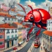 Una scena surreale di un gigantesco scarafaggi che svetta su un vivace paesaggio urbano di Lisbona con edifici colorati e un vecchio tram sulla strada. Il cielo è parzialmente nuvoloso e uno scarafaggio più piccolo vola lì vicino.