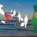 Silhouette di italiani con bagagli camminano su una strada che collega l'Italia al Portogallo, rappresentati dai contorni della mappa con le loro bandiere, su uno sfondo di spiaggia tranquilla, a simboleggiare una Nuova Vita.