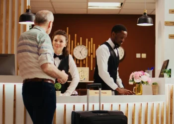 L' importanza dei lavoratori stranieri in Portogallo anche alla reception di un hotel che presenta due membri dello staff, una donna e un uomo in uniforme, che aiutano un ospite con una valigia. Dietro di loro, gli orologi mostrano diversi fusi orari e i cartelli evidenziano vari comfort.