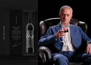 José Mourinho in abito blu siede su una sedia di pelle nera, assaporando un bicchiere di vino rosso. A sinistra, una scatola di vino aperta con l'etichetta "The Special One", con l'immagine di una bottiglia di vino all'interno. Lo sfondo è nero, il che esalta la raffinatezza della scena.