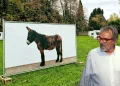 Oliviero Toscani con una camicia bianca e occhiali rossi sovrapposto ad un'area erbosa con un'esposizione fotografica degli Asini di Miranda in Portogallo, mentre alberi e altre opere d'arte popolano lo sfondo panoramico che ricorda.