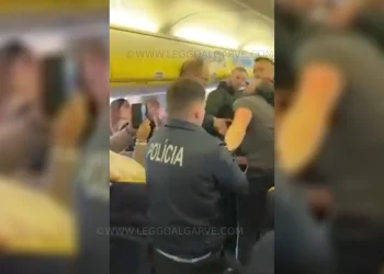 Agenti di polizia all'interno del corridoio di un aereo Ryanair, intenti a gestire una situazione che coinvolge un passeggero molesto. Alcuni passeggeri sono seduti e osservano l'evento.