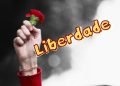 Manifesto per elogiare la parola portoghese dell'anno. Una mano alzata tiene un garofano rosso su uno sfondo bianco e nero. La parola "Liberdade", appare in giallo con un contorno rosso accanto, catturando lo spirito del momento iconico che rappresenta.