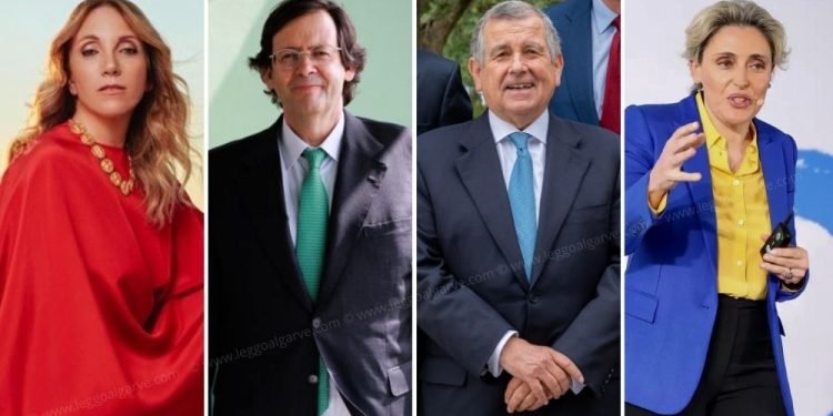 Paula Amorim, Pedro Soares dos Santos,Vasco Guimarães, Claudia Azevedo sono i più ricchi del Portogallo. La prima persona indossa un abito rosso, la seconda è in un completo con una cravatta verde, la terza in un completo con una cravatta blu e la quarta in un blazer blu e una camicia gialla. Bordi decorativi incorniciano l'immagine.