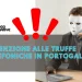 L'immagine presenta un simbolo di avvertimento e un testo che recita "attenzione alle truffe telefoniche in Portogallo", accanto al logo "Leggo Algarve". Una persona che indossa una maschera bianca sta parlando al telefono in un ufficio.
