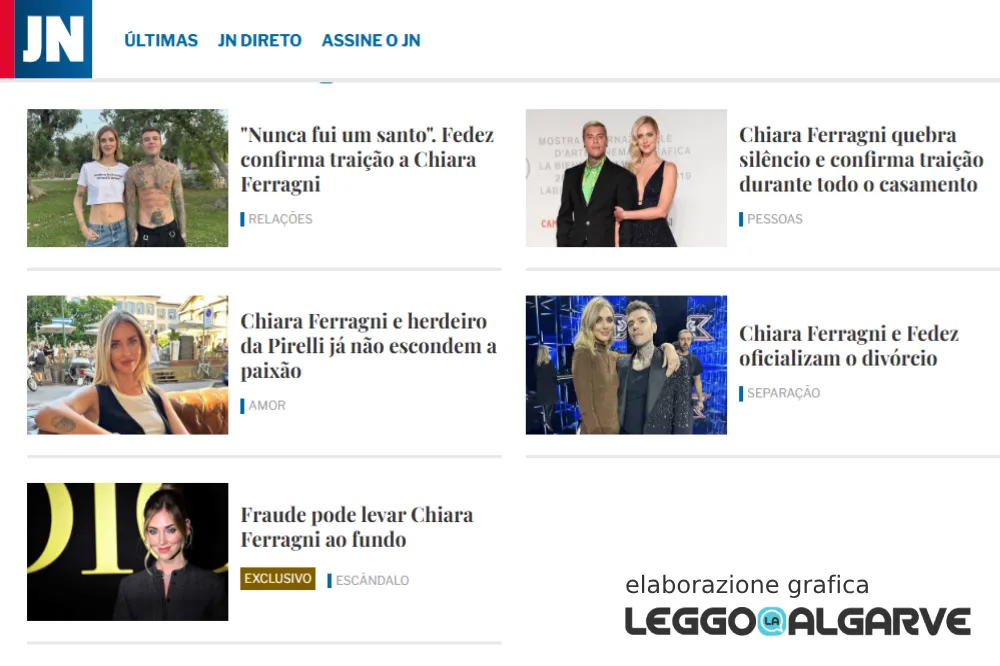 Collage di articoli riguardanti CHiara Ferragni e Fedez pubblicati in Portogallo, proposta da Leggo Algarve