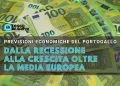 Pile di banconote in euro sparse su una superficie sotto il testo " andamento economia Portogallo - Dalla recessione alla crescita oltre la media europea", con un logo di Leggo Algarve nell'angolo.