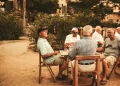 Cinque uomini anziani sono seduti all'aperto attorno a un tavolino, impegnati a conversare e a condividere consigli di longevità. Sono vestiti in modo casual, con alberi ed edifici sullo sfondo. L'ambiente sembra rilassato e cordiale.
