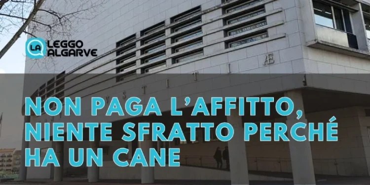 L'esterno di un edificio moderno presenta una sovrapposizione di testo in italiano che recita: non paga affitto, niente sfratto perché ha un cane.