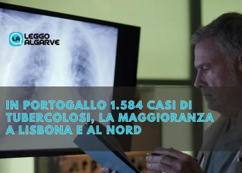 Un medico esamina un'immagine a raggi X dei polmoni dopo i casi di tubercolosi registrati in Portogallo. Il testo sovrapposto recita: "Casi Tubercolosi Portogallo: 1.584 casi, la maggioranza a Lisbona e al nord".