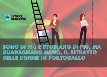 Un uomo e una donne disegnati sullo sfondo in una bandiera del Portogallo. Compaiono anche una scala e una corda a simboleggiare le difficoltà di genere nel mondo del lavoro.