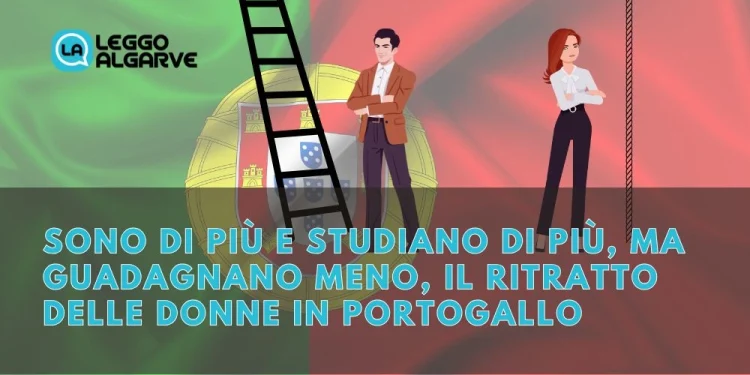 Un uomo e una donne disegnati sullo sfondo in una bandiera del Portogallo. Compaiono anche una scala e una corda a simboleggiare le difficoltà di genere nel mondo del lavoro.