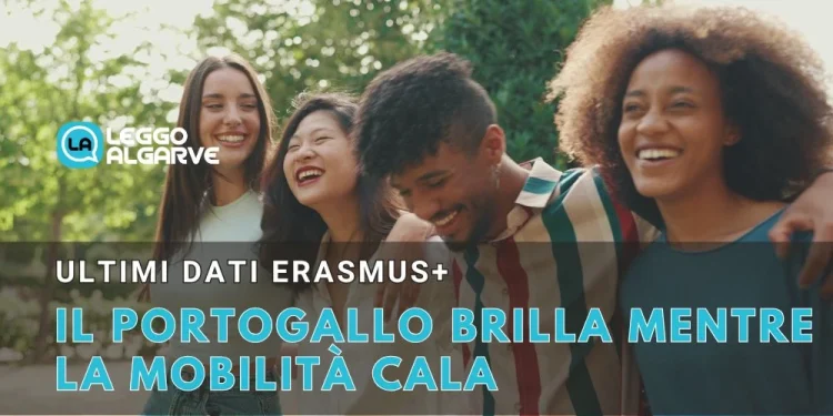 Un gruppo di quattro ragazzi, sorridenti del programma dati Erasmus in Portogallo camminano insieme all'aperto, sembrano allegre e si godono la reciproca compagnia. Il testo sull'immagine è in italiano, parla di tendenze della mobilità, con il logo di Leggo Algarve.