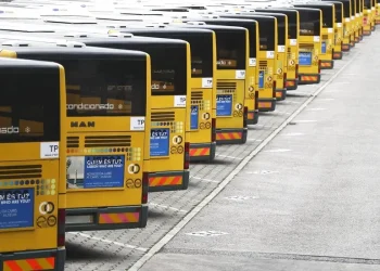 Una fila di autobus gialli parcheggiati in un parcheggio Carris, tutti allineati nella stessa direzione durante uno sciopero generale di autobus a Lisbona. Gli autobus hanno cartelli e marcature sul retro, che ne evidenziano l'uniformità e la quantità. L'area circostante è asfaltata, ogni autobus è dotato di finestrini posteriori e bocchette di scarico.