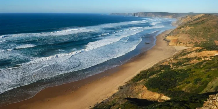 Vista panoramica di una delle 9 spiagge portoghesi ricche di iodio: quella di Vale Figueiras dove l'oceano con le onde si infrangono. Questa praia presenta un litorale costeggiato da vegetazione verde e scogliere frastagliate sotto un cielo azzurro e limpido, che si estende a perdita d'occhio.