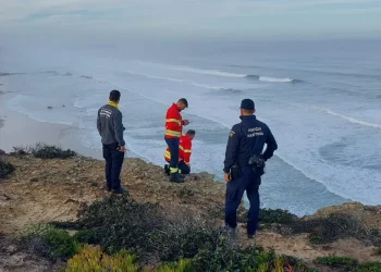 Quattro soccorritori, tra cui vigili del fuoco e agenti di polizia marittima, sono in piedi su una scogliera rocciosa che domina l'oceano, durante la ricerca dei due fratelli scomparsi in mare sulla spiaggia sottostante in una giornata nuvolosa.