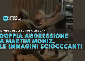 Un frame degli scippi in piazza Martim Moniz a Lisbona, con una scritta in italiano: "doppia aggressione a Martim Moniz, le immagini scioccanti".