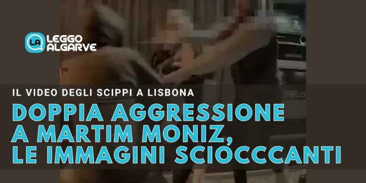 Un frame degli scippi in piazza Martim Moniz a Lisbona, con una scritta in italiano: "doppia aggressione a Martim Moniz, le immagini scioccanti".