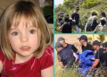 Un collage di immagini che rappresentano Maddie McCann e dei poliziotti che sono alla ricerca di ossa in mezzo a della vegetazione.