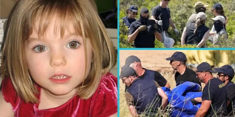 Un collage di immagini che rappresentano Maddie McCann e dei poliziotti che sono alla ricerca di ossa in mezzo a della vegetazione.