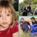 Un collage di immagini che rappresentano Maddie McCann e dei poliziotti che sono alla ricerca di ossa in mezzo a della vegetazione.