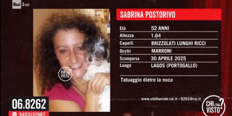 La grafica di "Chi l'ha Visto?" con i dati di Sabrina Postorivo la donna italiana scomparsa da Lagos in Algarve.
