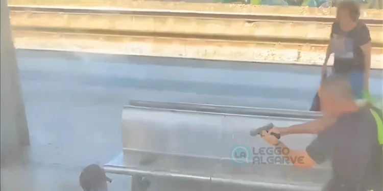 Un poliziotto punta una pistola contro un individuo reo di minacce su un treno vicino a una panchina di metallo alla stazione di Lisbona, mentre un terzo passeggero si trova nelle vicinanze. Su un muro sono visibili dei graffiti e sullo sfondo i binari del treno.