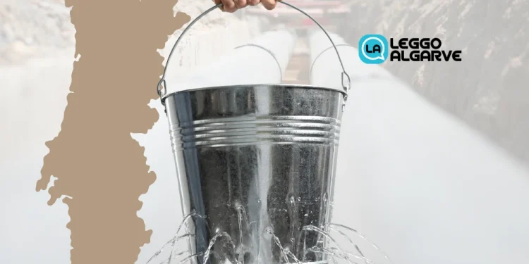 Un secchio con delle perdite di acqua, la cartina del Portogallo e sullo sfondo delle tubature idriche. Il logo di Leggo Algarve, il sito di informazione per gli italiani in Portogallo.