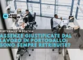 Il testo in sovrimpressione in italiano spiega se le assenze giustificate dal lavoro in Portogallo sono sempre garantite. Quattro persone lavorano alle scrivanie di un ufficio moderno con grandi finestre.