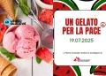 Il manifesto per l'edizione 2025 de il Gelato per la Pace, con delle palline di gelato all'anguria e della menta con dei coni.