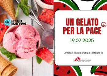 Il manifesto per l'edizione 2025 de il Gelato per la Pace, con delle palline di gelato all'anguria e della menta con dei coni.