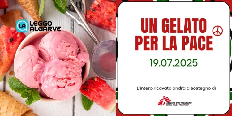 Il manifesto per l'edizione 2025 de il Gelato per la Pace, con delle palline di gelato all'anguria e della menta con dei coni.