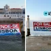 Le immagini affiancate mostrano lo striscione di dell'artista Bordalo II che recitano "VENDE-SE LISBOA" e "FOR SALE LISBON", appesi a Terreiro do Paço di Lisbona, in riferimento al mercato immobiliare della città.