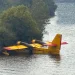 Un aereo Canadair EC-HEU in avaria che galleggia sul fiume Douro in Portogallo, nei pressi della riva con una folta vegetazione di piante.