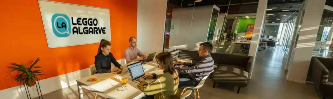 Quattro persone lavorano ai computer della redazione di "Chi Siamo" a Leggo Algarve, in un ufficio moderno, con pareti colorate di arancione e verde. Un'insegna recita "LEGGO ALGARVE". La luce del sole filtra dalle grandi finestre.