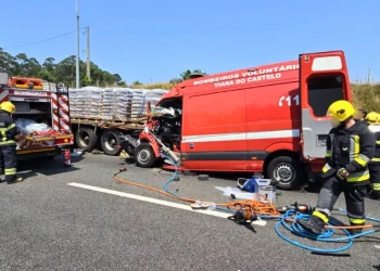 Le scene dell'incidente sulla A28 in Portogallo, si vede l'ambulanza di Viana do Castelo coinvolta, il rimorchio di un camion e alcuni Vigili del Fuoco mentre prestano i soccorsi del caso.
