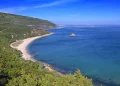 Un litorale panoramico all'interno della Riserva Biosfera UNESCO di Arrábida, caratterizzato da una spiaggia sabbiosa curva, acqua limpida e azzurra, colline verdi e una piccola isola rocciosa vicino alla riva, sotto un cielo azzurro brillante.