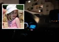 Cockpit di un auto in orario notturno con alcuni led azzurri e sullo sfondo un palazzo in Portogallo, nel riquadro la foto della bambina Maddie McCann scomparsa secondo una nuova teoria dopo un incidente stradale.