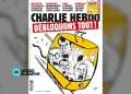 Copertina della rivista Charlie Hebdo che mostra un lucchetto giallo che si apre con all'interno facce frenetiche da fumetto, circondate da testi in grassetto in francese e titoli in evidenza, come una caotica copertina sopra il funicolare Lisbona.