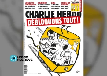 Copertina della rivista Charlie Hebdo che mostra un lucchetto giallo che si apre con all'interno facce frenetiche da fumetto, circondate da testi in grassetto in francese e titoli in evidenza, come una caotica copertina sopra il funicolare Lisbona.