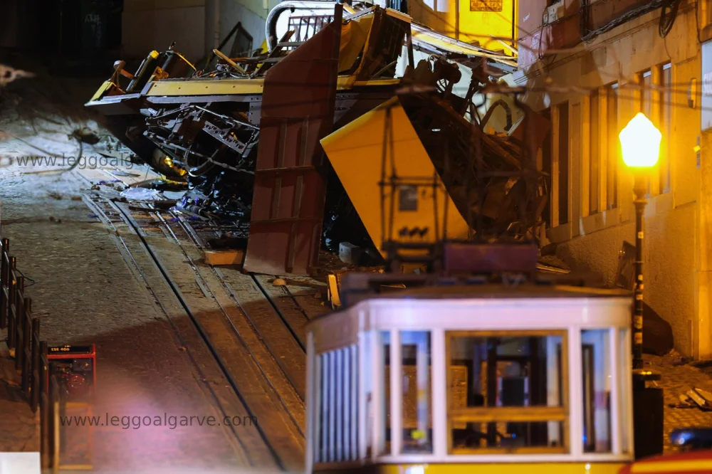Un dettaglio dei resti della Funicolare da Gloria di Lisbona dopo che è deraglia. Immagine notturna di cronaca sulla strada dell'incidente.