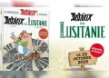 Copertina e immagine promozionale di "Astérix en Lusitanie", con Asterix, Obelix e un accenno a Portogallo. La data di uscita è il 23 ottobre 2025, con un adesivo rosso che dice "Nouvel album!" in francese.