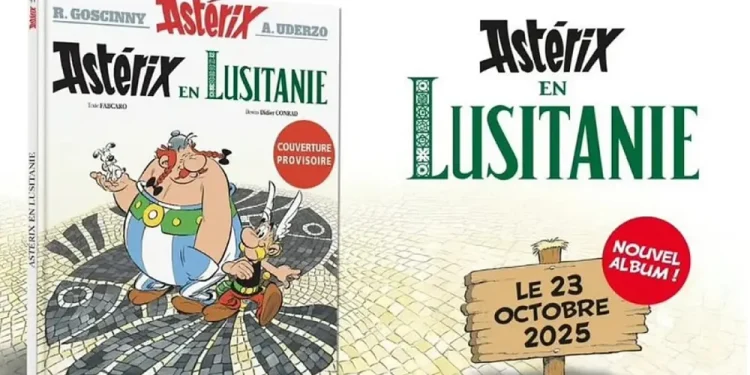 Copertina e immagine promozionale di "Astérix en Lusitanie", con Asterix, Obelix e un accenno a Portogallo. La data di uscita è il 23 ottobre 2025, con un adesivo rosso che dice "Nouvel album!" in francese.