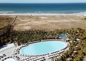 Una grande piscina ovale circondata da sedie a sdraio e palme al Wine & Books Algarve, situato vicino a una spiaggia sabbiosa e all'oceano sotto un cielo limpido. Dall'area del resort partono sentieri che conducono alla spiaggia.
