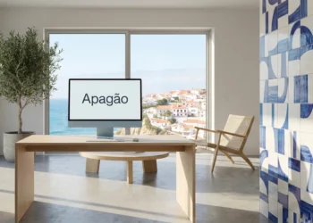 Una casa moderna e minimalista in Portogallo con una scrivania in legno, un computer con la scritta "Apagão parola anno 2025", una sedia in vimini, una pianta in vaso e una grande finestra con vista sulle case bianche della costa e sul mare.