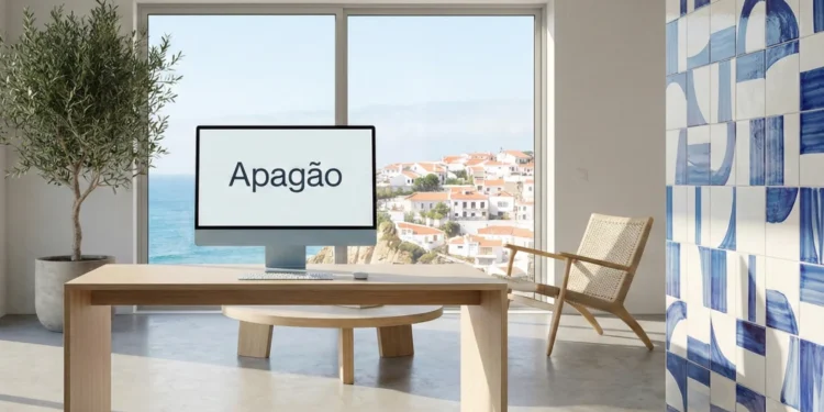 Una casa moderna e minimalista in Portogallo con una scrivania in legno, un computer con la scritta "Apagão parola anno 2025", una sedia in vimini, una pianta in vaso e una grande finestra con vista sulle case bianche della costa e sul mare.