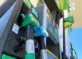Vista ravvicinata di due erogatori di carburante - uno verde e uno blu - presso una stazione di servizio, con i numeri delle pompe e parte della tettoia sotto un cielo limpido, in mezzo alle discussioni in corso su Tasse carburanti Portogallo.