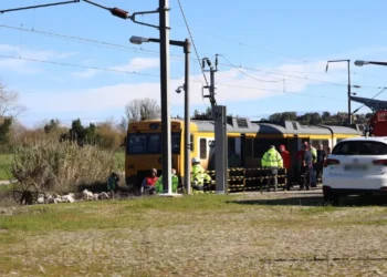 Un treno giallo è fermo a un passaggio a livello, dove alcuni operai in giubbotto catarifrangente si riuniscono vicino ai binari. Un'auto bianca è parcheggiata sulla ghiaia sotto un cielo assolato, che ricorda episodi come quando un treno investe gregge pecore.